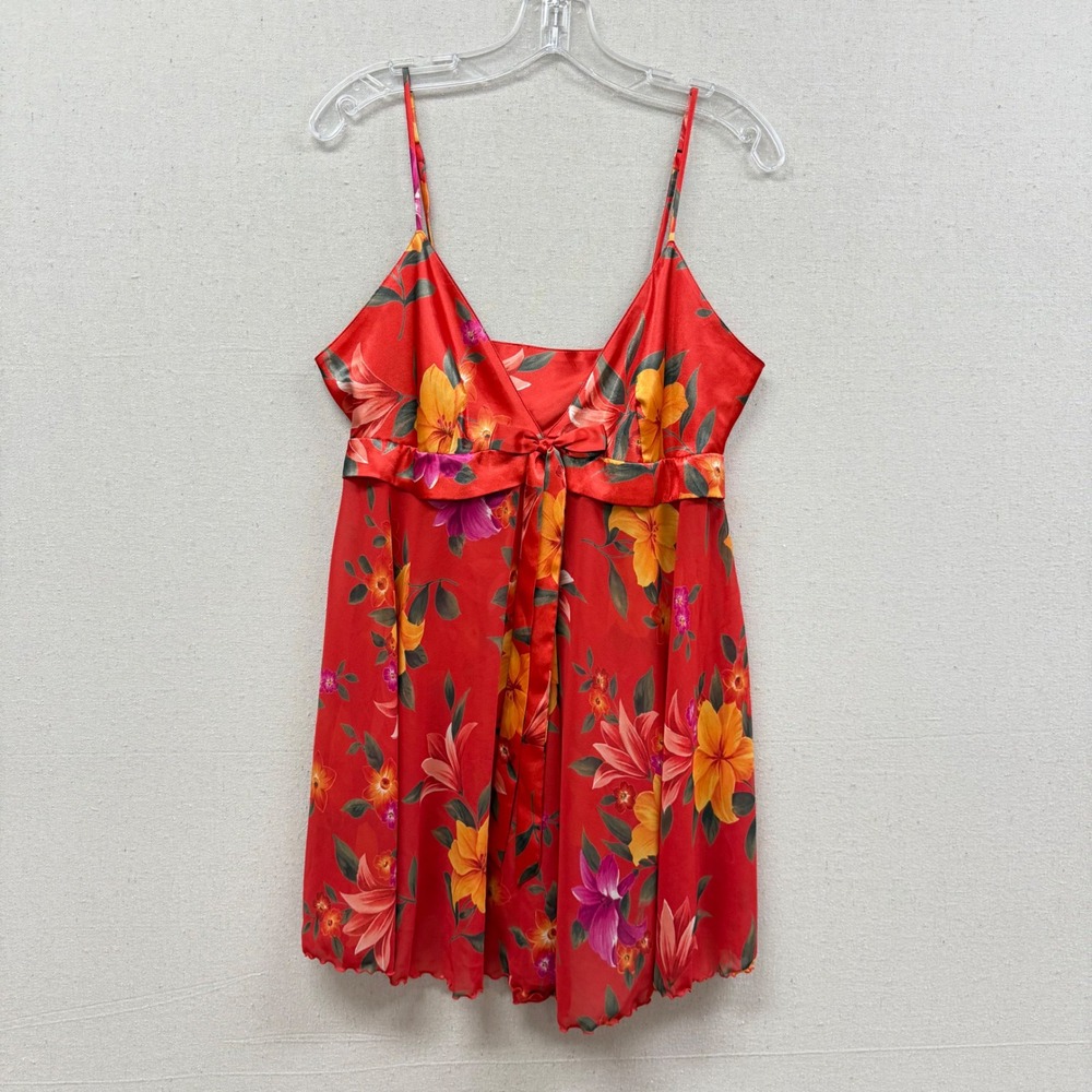 Vintage Intimate Secrets Red Floral Babydoll Chemise Lingerie Sheer Hem Medium - Picture 11 of 11